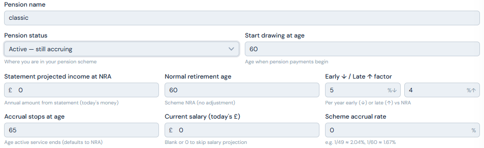 Active pension input fields