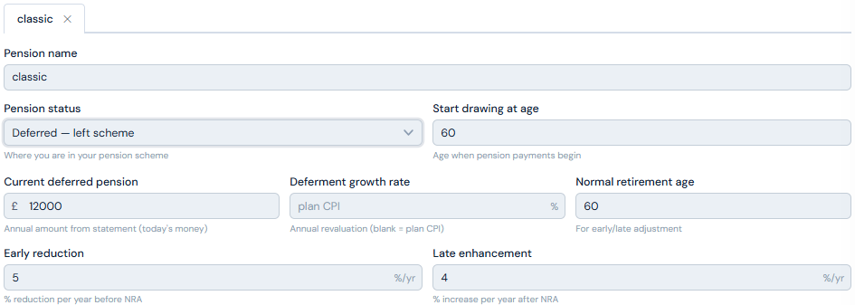 Deferred pension input fields