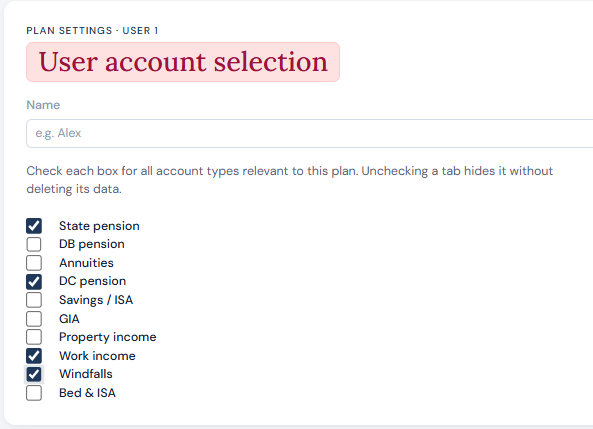 User input section — name and account type selection