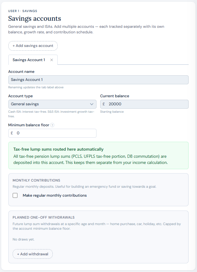 Savings account setup — account type and balance