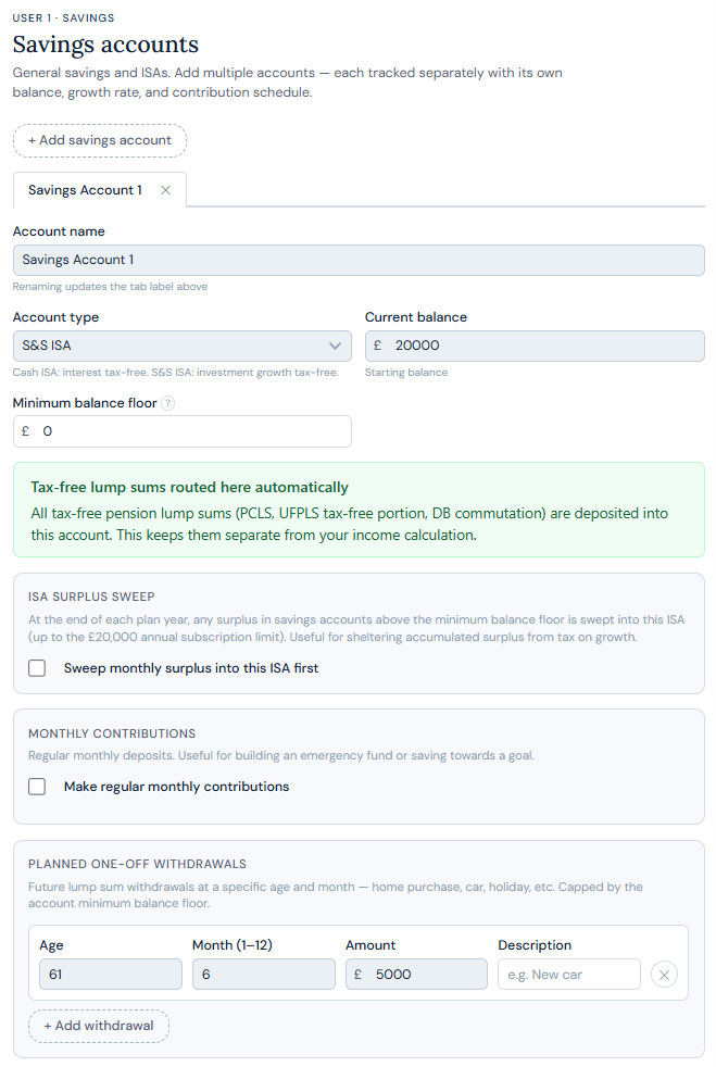 Savings account setup — contributions, ISA sweep, and floor